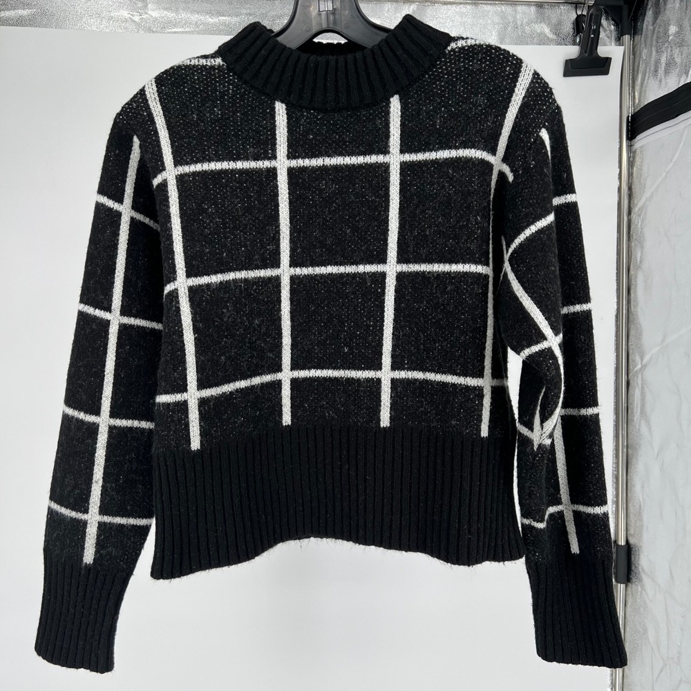 Y2K preppy work‎ POOF NEW YORK Black White Grid Mock Neck Sweater Knit Top Siz L